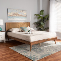 Baxton Studio Nura-Ash Walnut Rattan-Queen Nura Mid-Century Modern Walnut Brown Finished Wood and Synthetic Rattan Queen Size Platform Bed 